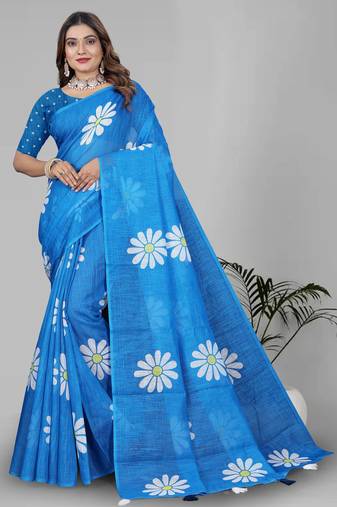 sky blue floral linen cotton digital print saree (blue)