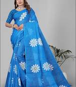 sky blue floral linen cotton digital print saree (blue)
