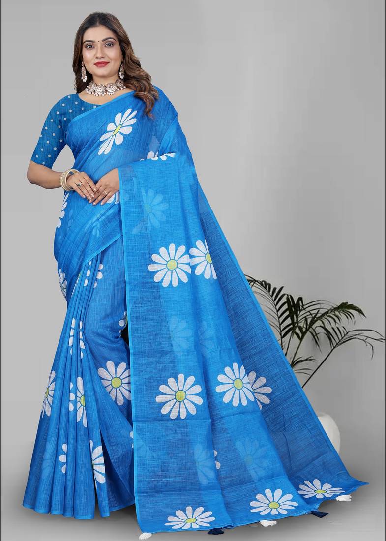 sky blue floral linen cotton digital print saree (blue)