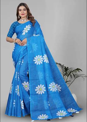 sky blue floral linen cotton digital print saree (blue) 2