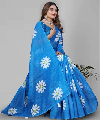 sky blue floral linen cotton digital print saree (blue) 3