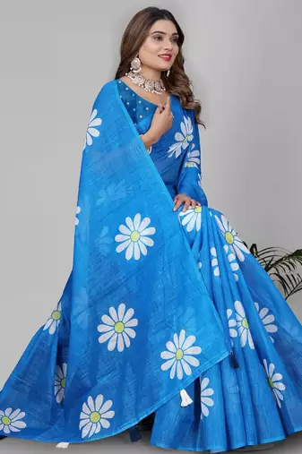 sky blue floral linen cotton digital print saree (blue)