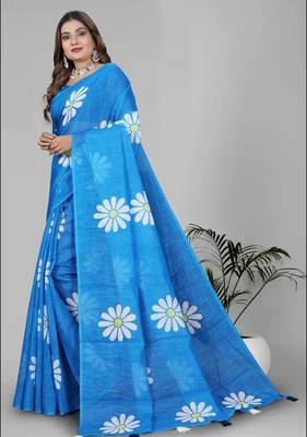 sky blue floral linen cotton digital print saree (blue) 4