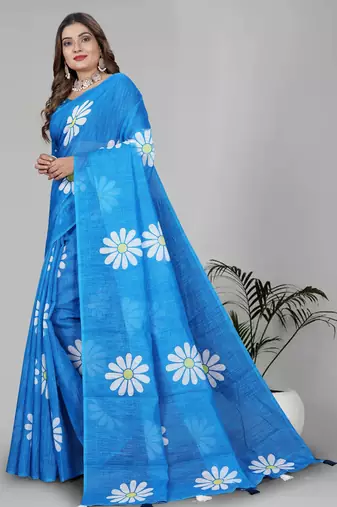 sky blue floral linen cotton digital print saree (blue)