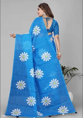 sky blue floral linen cotton digital print saree (blue) 5