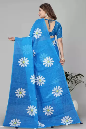 sky blue floral linen cotton digital print saree (blue)