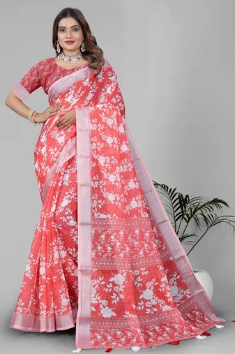 pink floral linen cotton digital print saree (pink)