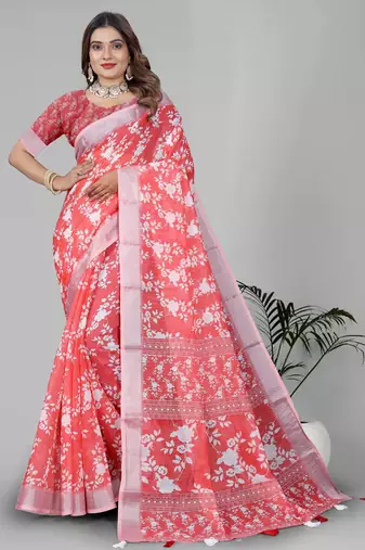 pink floral linen cotton digital print saree (pink)