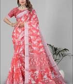 pink floral linen cotton digital print saree (pink)