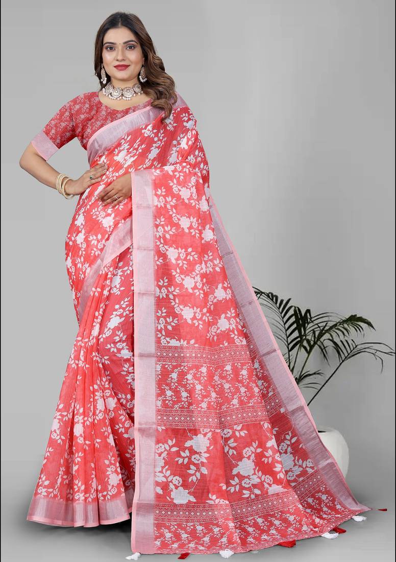 pink floral linen cotton digital print saree (pink)