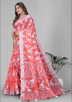 pink floral linen cotton digital print saree (pink) 3