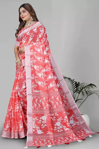 pink floral linen cotton digital print saree (pink)