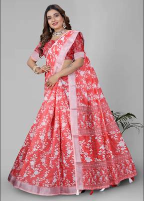 pink floral linen cotton digital print saree (pink) 4