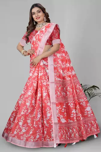 pink floral linen cotton digital print saree (pink)