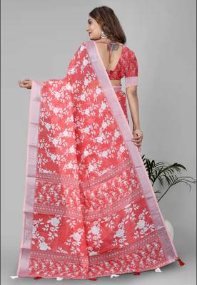 pink floral linen cotton digital print saree (pink) 5