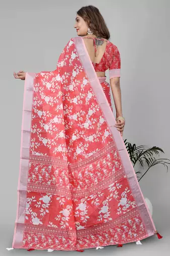 pink floral linen cotton digital print saree (pink)