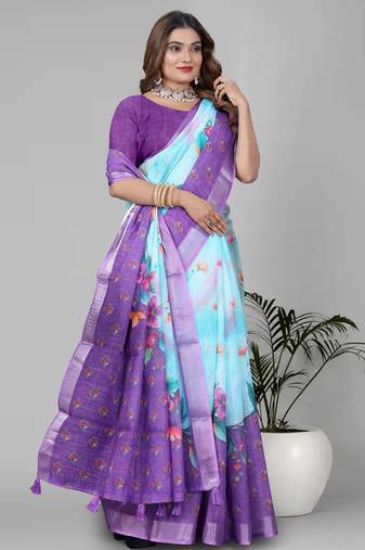 sky blue floral linen cotton digital print saree (sky blue)