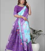 sky blue floral linen cotton digital print saree (sky blue)