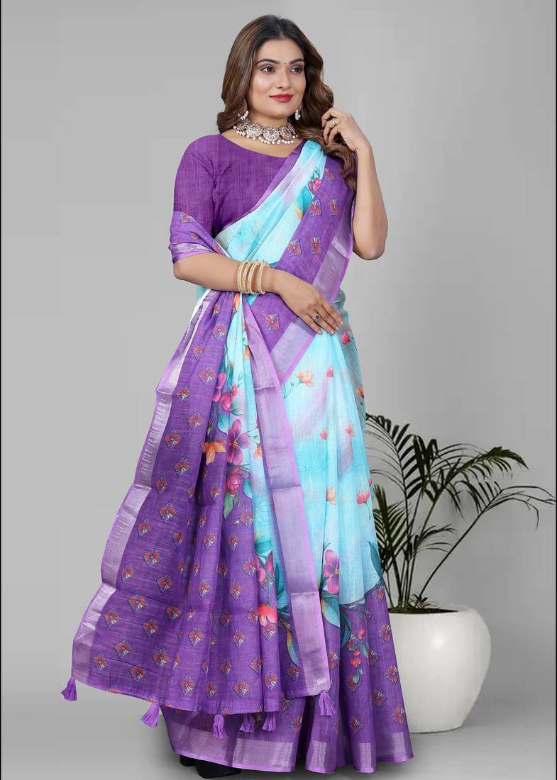 sky blue floral linen cotton digital print saree (sky blue)