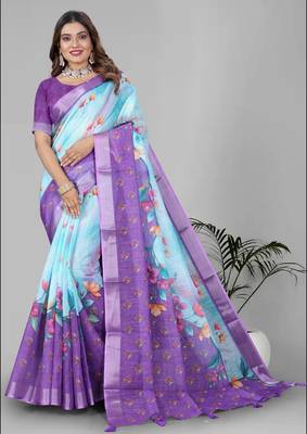 sky blue floral linen cotton digital print saree (sky blue) 3