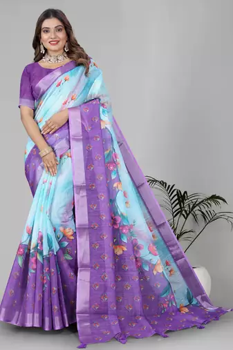 sky blue floral linen cotton digital print saree (sky blue)