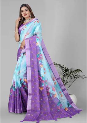 sky blue floral linen cotton digital print saree (sky blue) 4