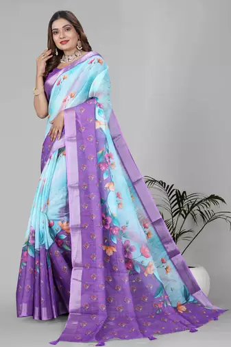 sky blue floral linen cotton digital print saree (sky blue)