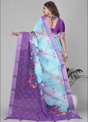 sky blue floral linen cotton digital print saree (sky blue) 5