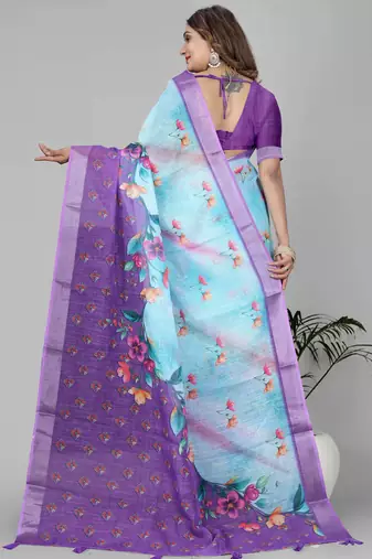 sky blue floral linen cotton digital print saree (sky blue)