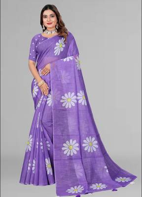 purple floral linen cotton digital print saree (purple) 1