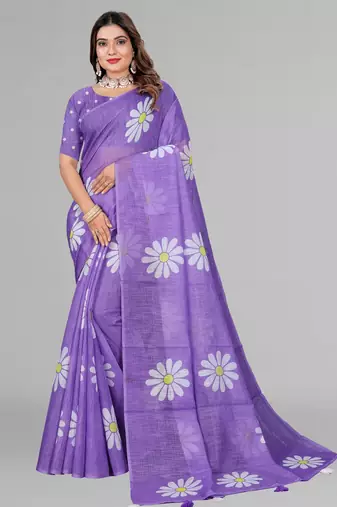 purple floral linen cotton digital print saree (purple)