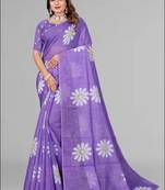 purple floral linen cotton digital print saree (purple)