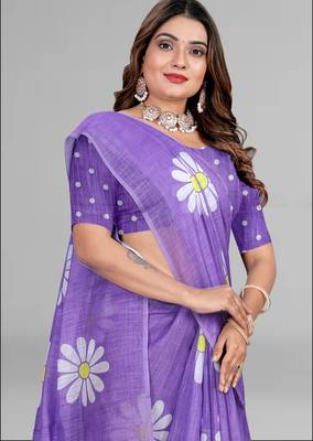 purple floral linen cotton digital print saree (purple) 3