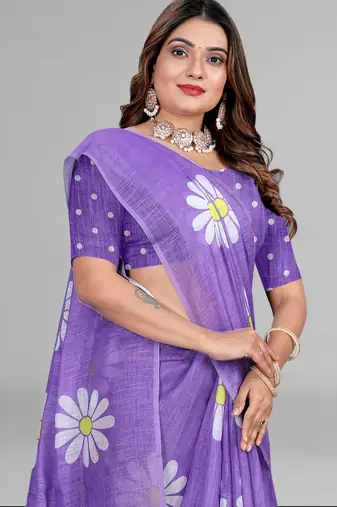purple floral linen cotton digital print saree (purple)