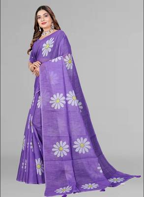 purple floral linen cotton digital print saree (purple) 4