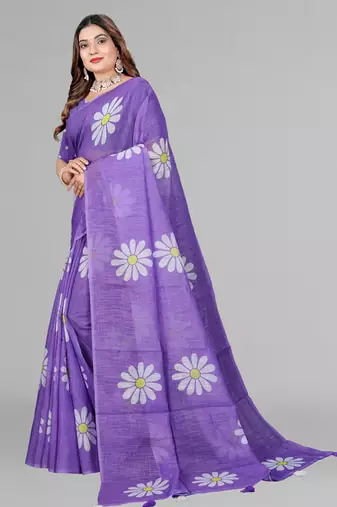 purple floral linen cotton digital print saree (purple)