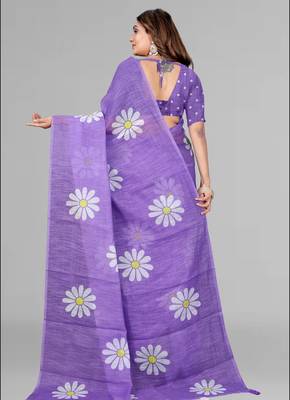 purple floral linen cotton digital print saree (purple) 5
