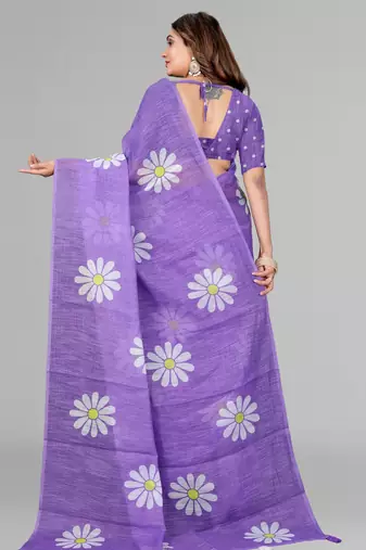 purple floral linen cotton digital print saree (purple)