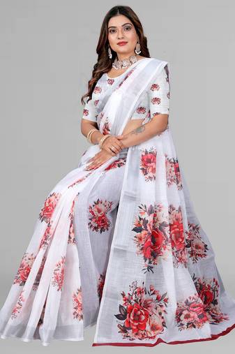 white floral linen cotton digital print saree (white)