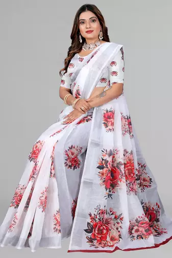 white floral linen cotton digital print saree (white)