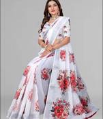 white floral linen cotton digital print saree (white)