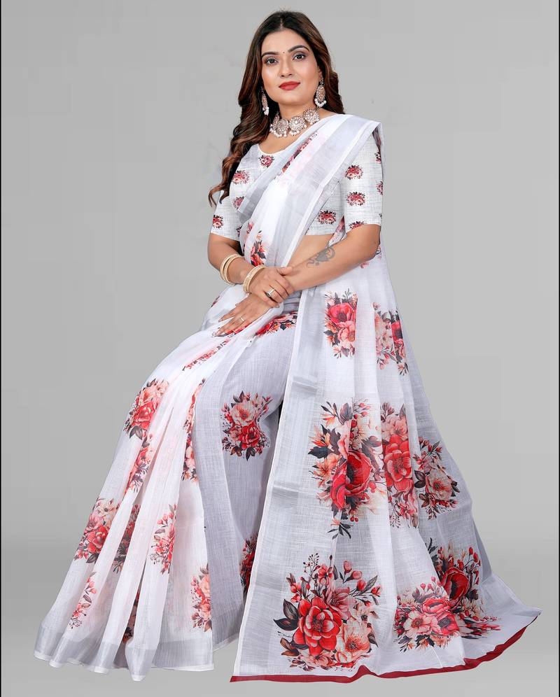 white floral linen cotton digital print saree (white)