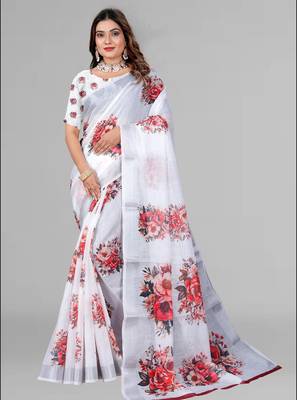 white floral linen cotton digital print saree (white) 3