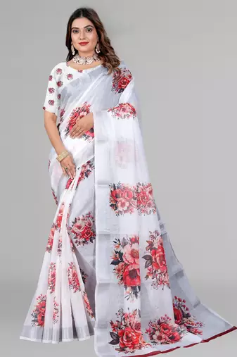 white floral linen cotton digital print saree (white)