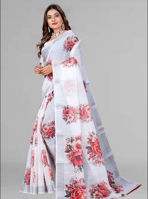 white floral linen cotton digital print saree (white) 4