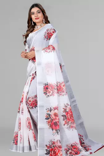 white floral linen cotton digital print saree (white)