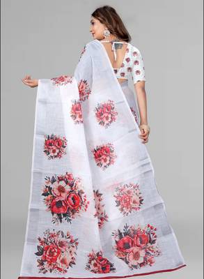white floral linen cotton digital print saree (white) 5