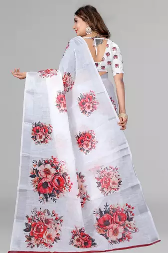 white floral linen cotton digital print saree (white)