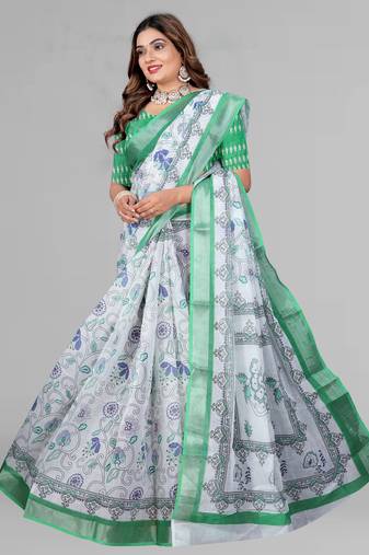 white  linen cotton digital print saree (multicolour)