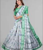 white  linen cotton digital print saree (multicolour)